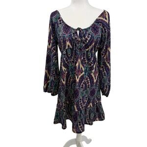Earthbound Long Sleeve Midi Dress M Purple Paisley Y2K Tie Neck Babydoll Boho